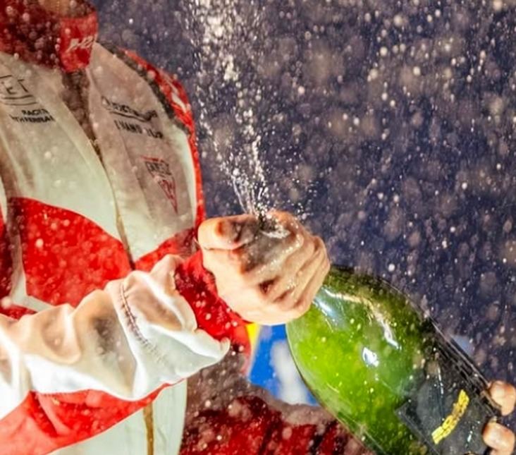 Pilota che stappa lo spumante per festeggiare